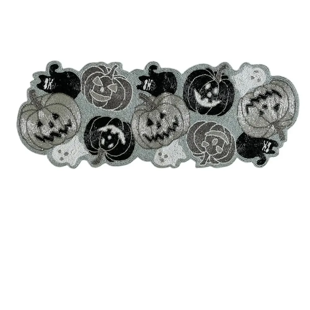 Christian Lacroix Halloween Beaded Table Runner 12x36 Silver Black White NEW